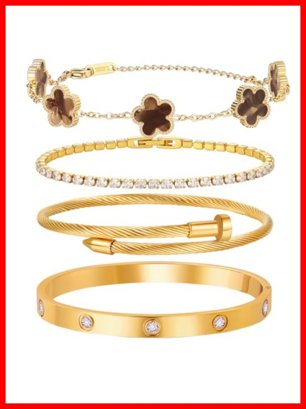 18K Gold Plated Love Bangle Bracelet Stack Set of 4 Floral Clover Tennis